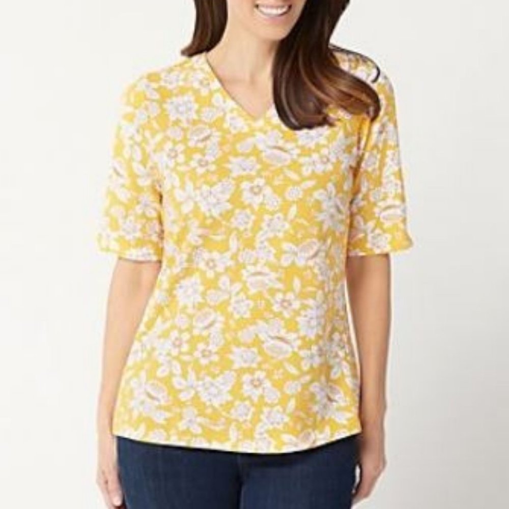 Denim & Co Printed Jersey V-Neck Elbow-Sleeve Top